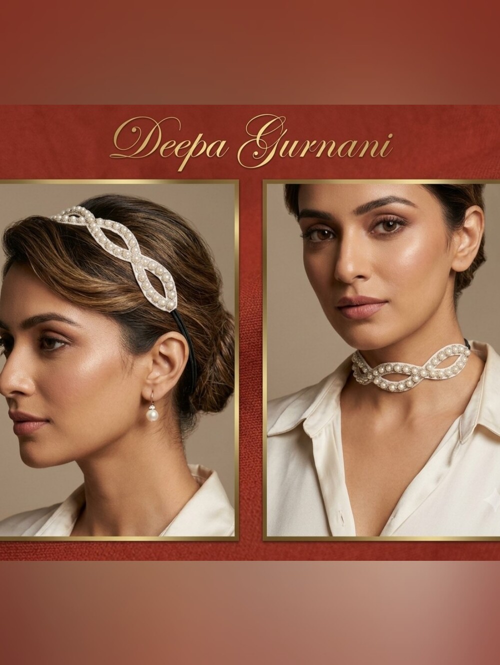 Pearl-Embellished Ivory Headband and Matching Choker Set by Deepa Gurnani